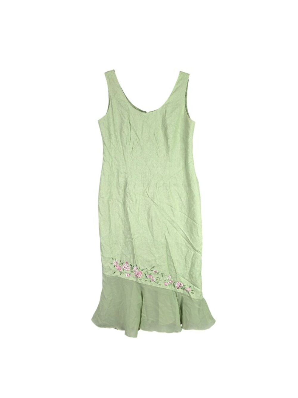 Womens Plaza South Green Sleeveless Dress Floral Embroidery & Ruffled Hem 16